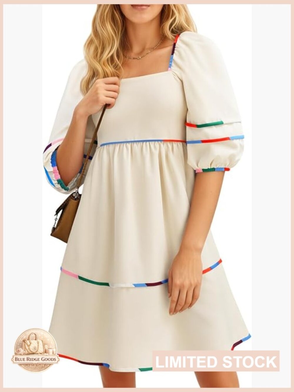 Babydoll Mini Dress Puff Sleeves Square Neck Loose Swing Casual Summer Outfit